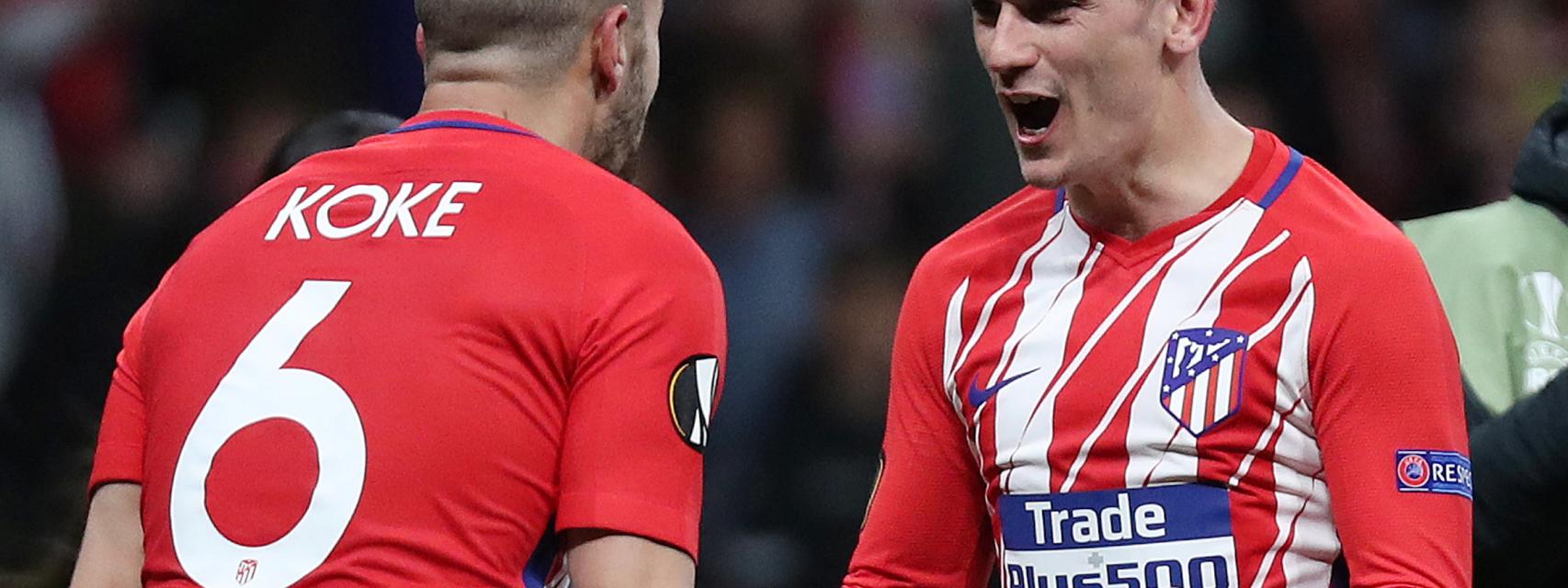 Koke y Griezmann celebra el acceso a la final de la Europa League.