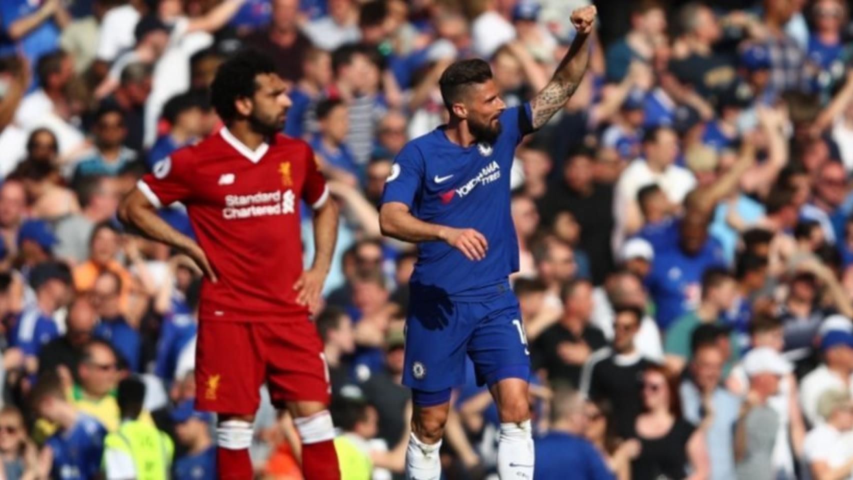 Salah y Giroud en el Chelsea - Liverpool. Foto: Twitter (@ChelseaFC)