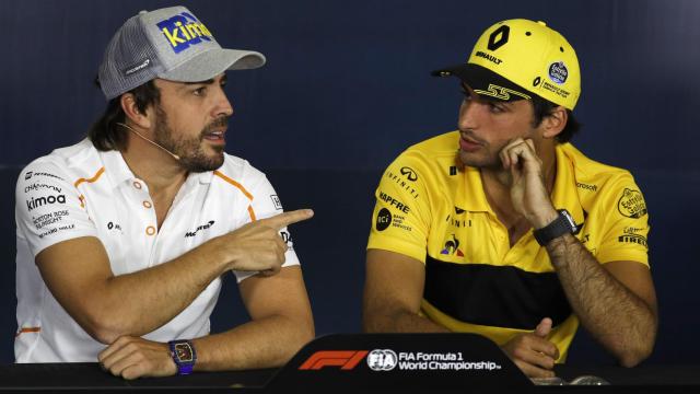 Carlos Sainz y Fernando Alonso en la rueda de prensa previa al GP de España de F1.