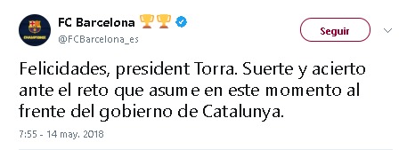 Así ha felicitado el Barça a Quim Torra, nuevo presidente de la Generalitat