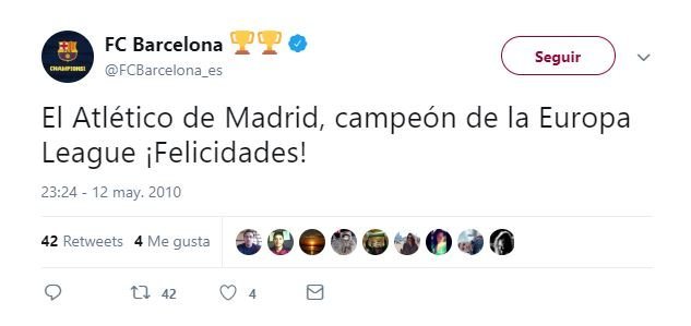 Tuit del Barcelona felicitando al Atleti por su Europa League.