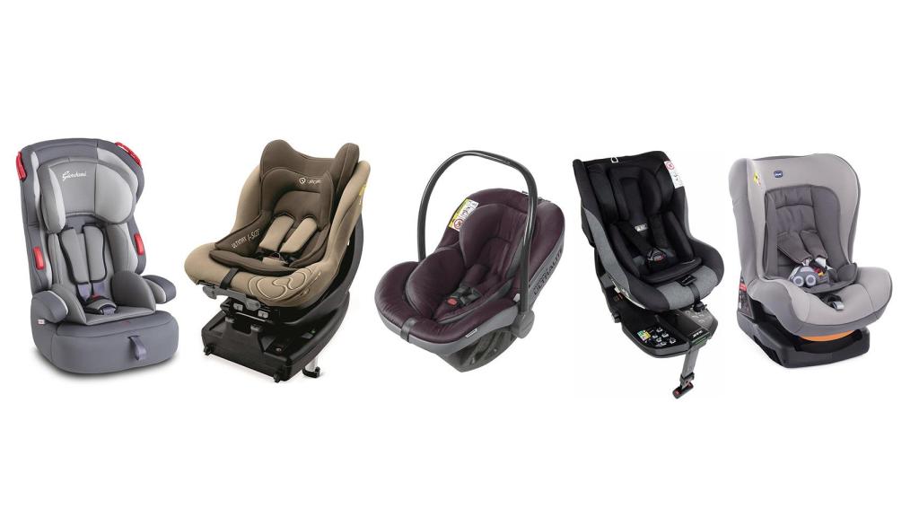 Los modelos, de izquierda a derecha, que suspenden: Giordani Evolution, Isofix Concord Ultimax i-Size, Avionaut Ultralite + IQ, Jané Gravity y Chicco Cosmos.