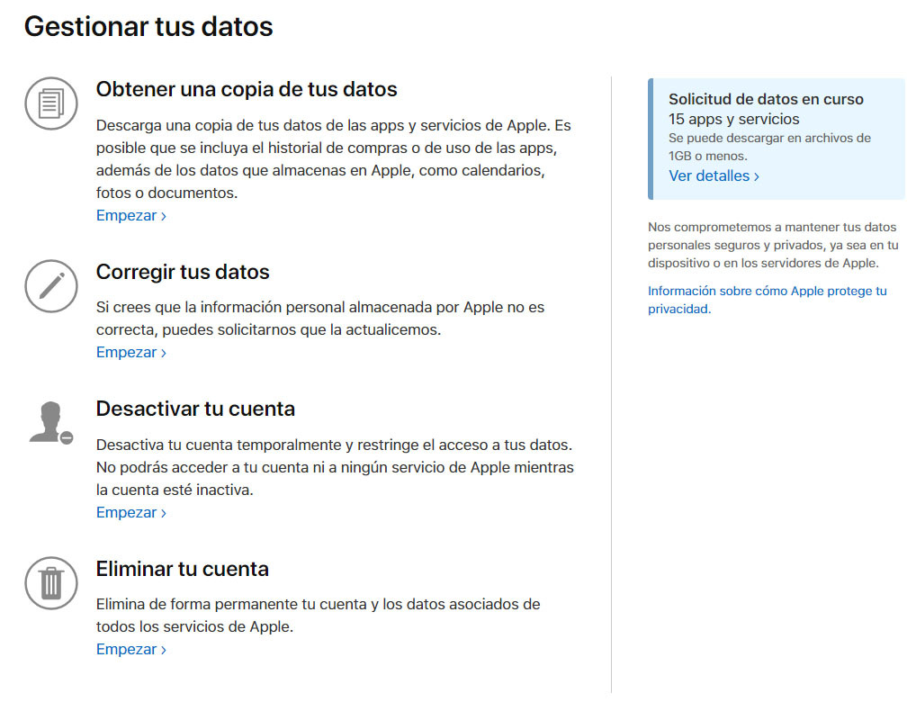 gestionar datos privacidad apple