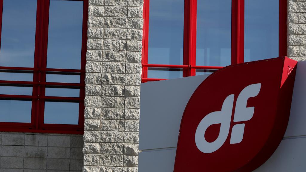 The logo of Spanish engineering company Duro Felguera is seen outside its headquarters in Madrid