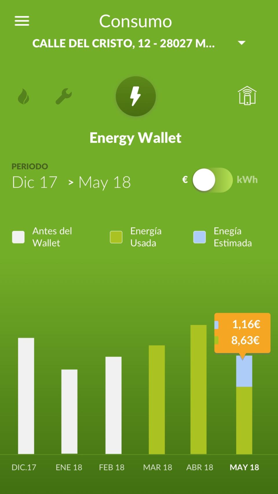 Detalle de la aplicación Energy Wallet.