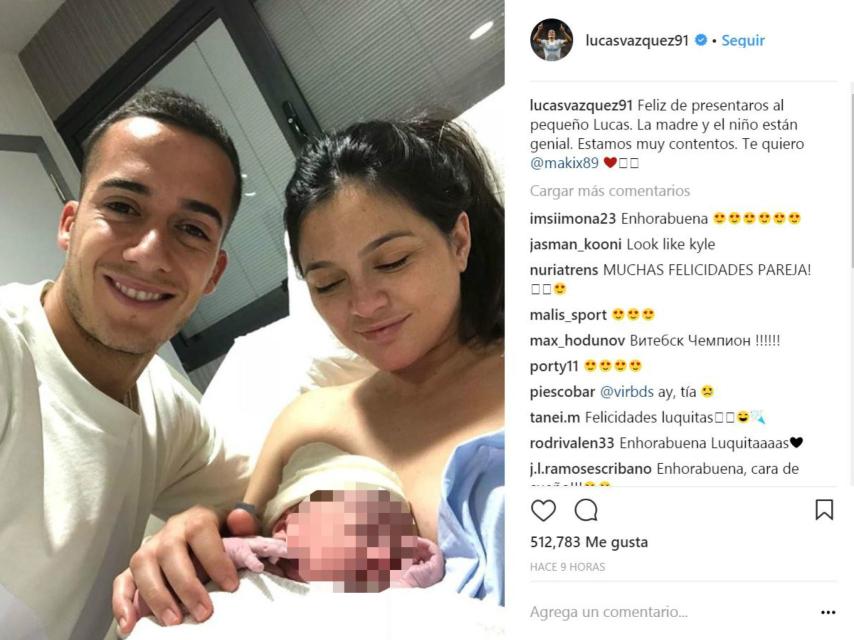 Lucas Vázquez y Macarena Rodríguez con su hijo en una imagen de las redes sociales.