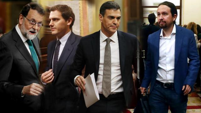 Rajoy, Rivera, Sánchez e Iglesias, a su llegada al Congreso.