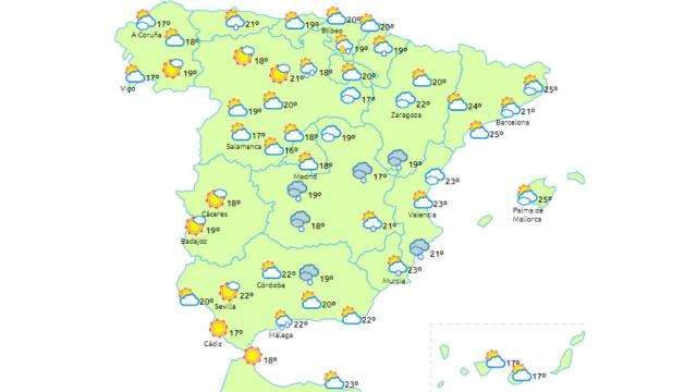 Previsión del tiempo a mediodía del sábado 2 de junio.