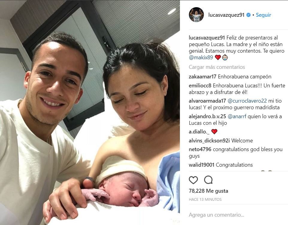 Lucas Vázquez, junto a su pareja y su hijo.