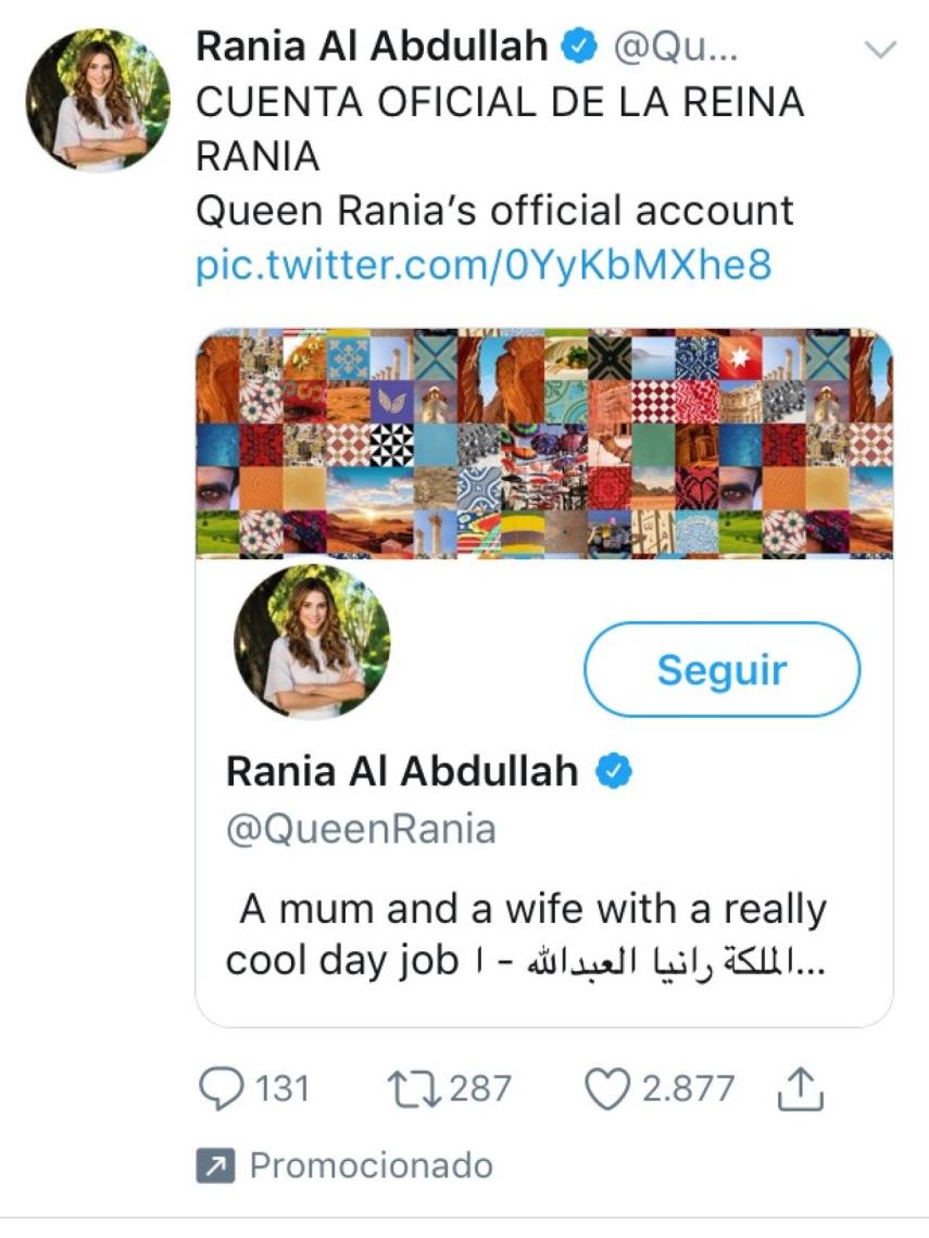 Imagen de la promoción en Twitter de Rania de Jordania.