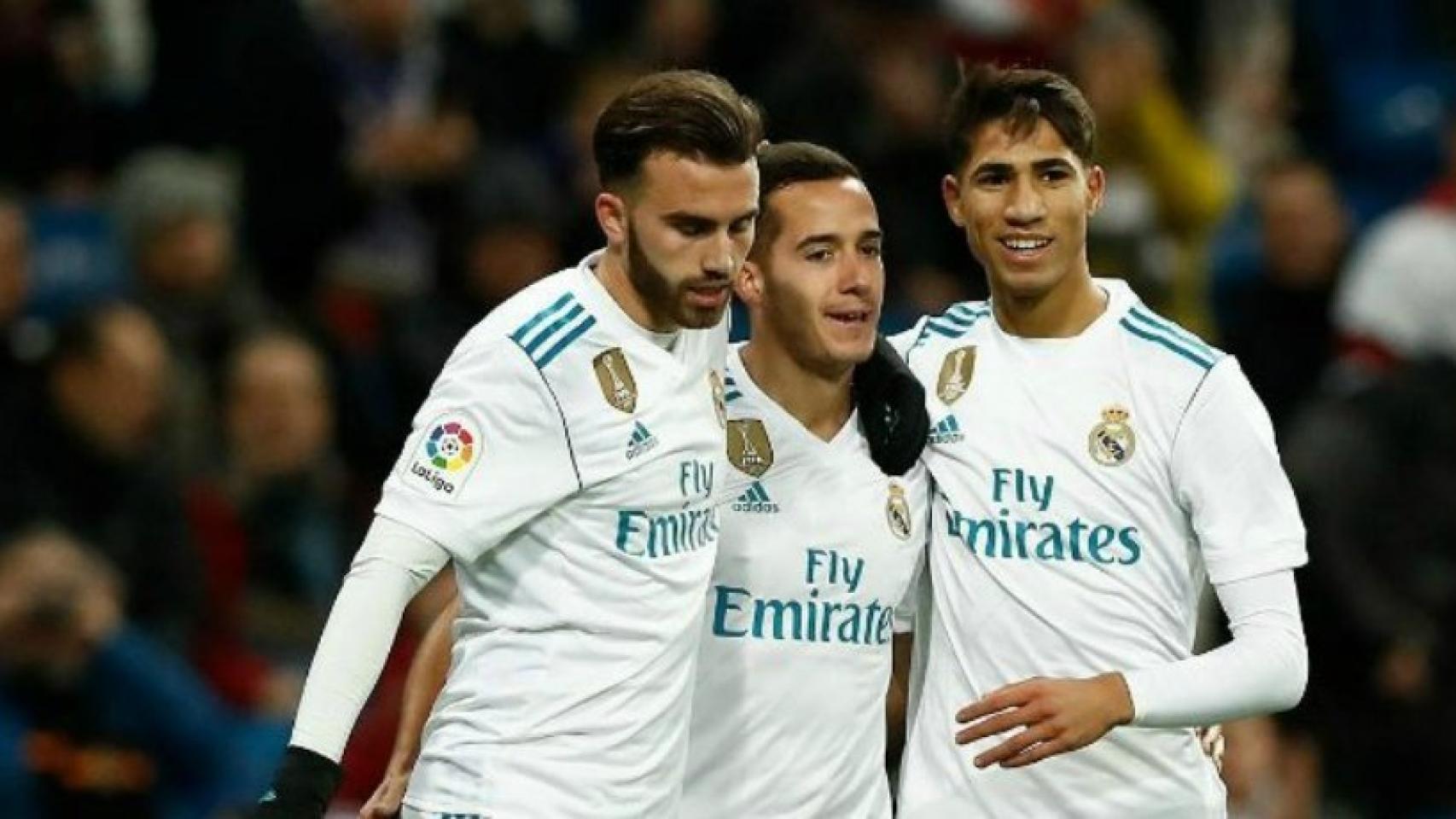 Mayoral, Lucas Vázquez y Achraf celebrando un gol