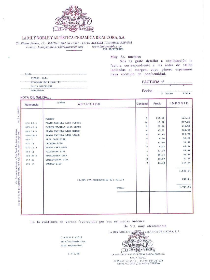 Factura de compra de una vajilla de porcelana girada a Aizoon.