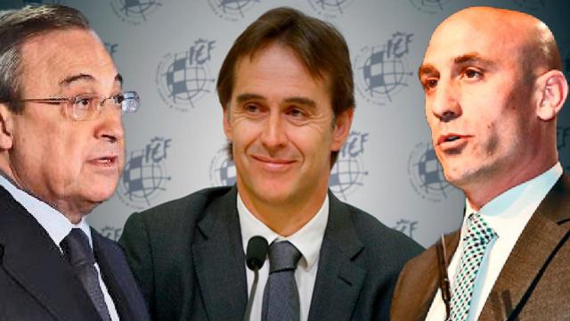 Florentino Pérez, Julen Lopetegui y Luis Rubiales.