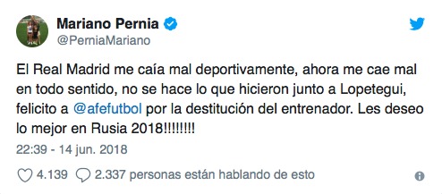 Pernía luce su antimadridismo y celebra el despido de Lopetegui