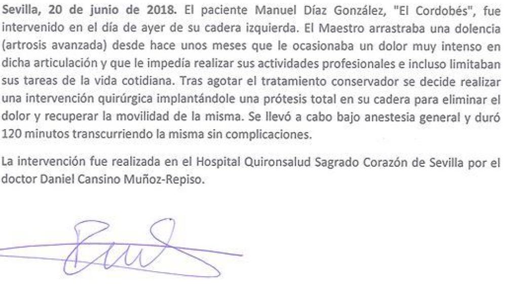 El primer parte médico de Manuel Díaz 'El Cordobés'.