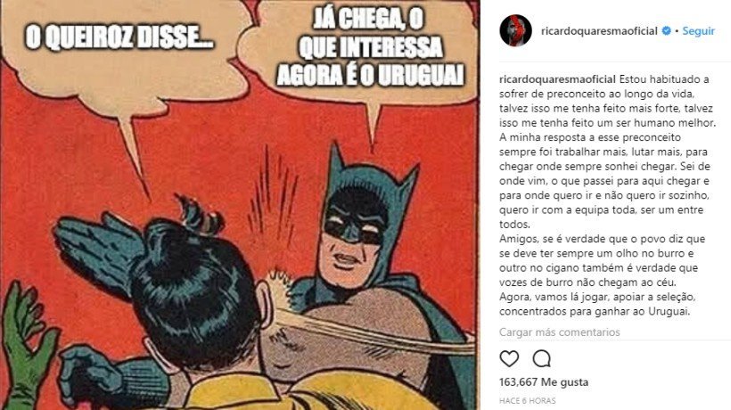 Quaresma responde a Queiroz.Foto: Instagram (@ricardoquaresmaoficial)