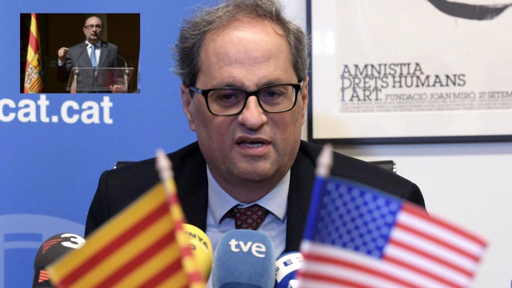 Quim Torra durante su comparecencia en Washington. Arriba a la izquierda, Javier Lambán.