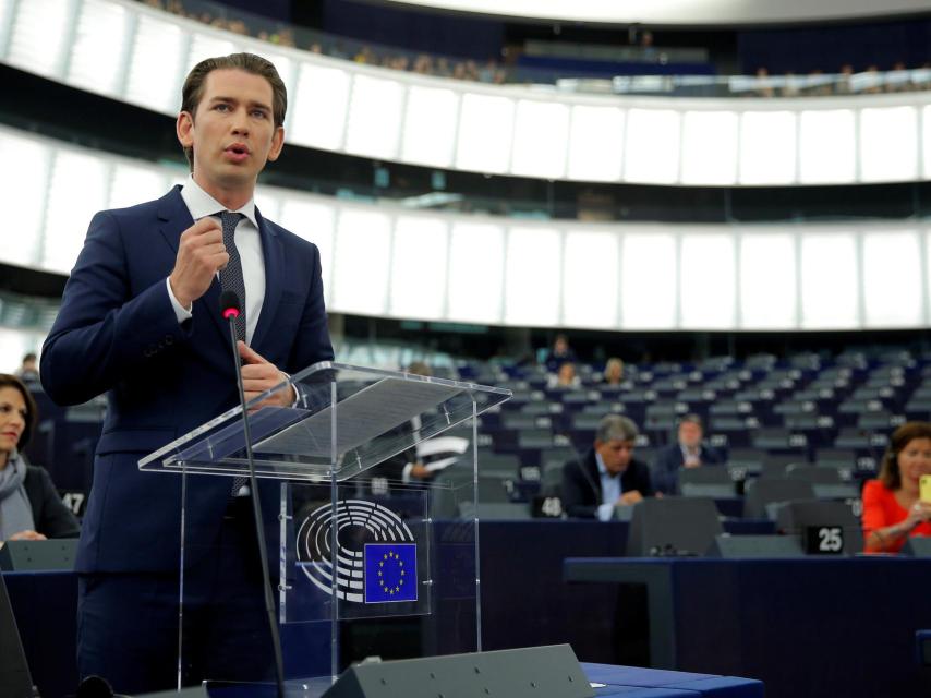 El canciller austríaco Sebastian Kurz, durante su discurso en la Eurocámara