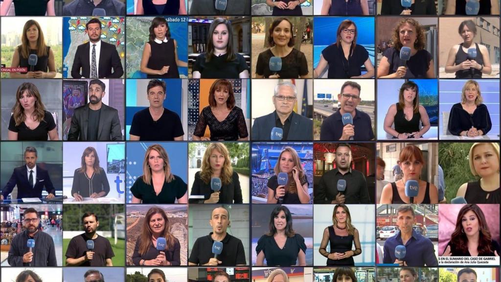 Mosaico de los trabajadores de RTVE vestidos de negro durante pasadas convocatorias de los #viernesnegro