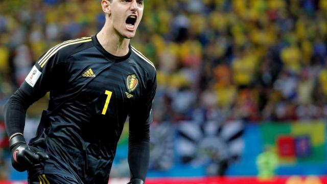 Thibaut Courtois, celebrando un tanto ante Brasil en el Mundial de Rusia