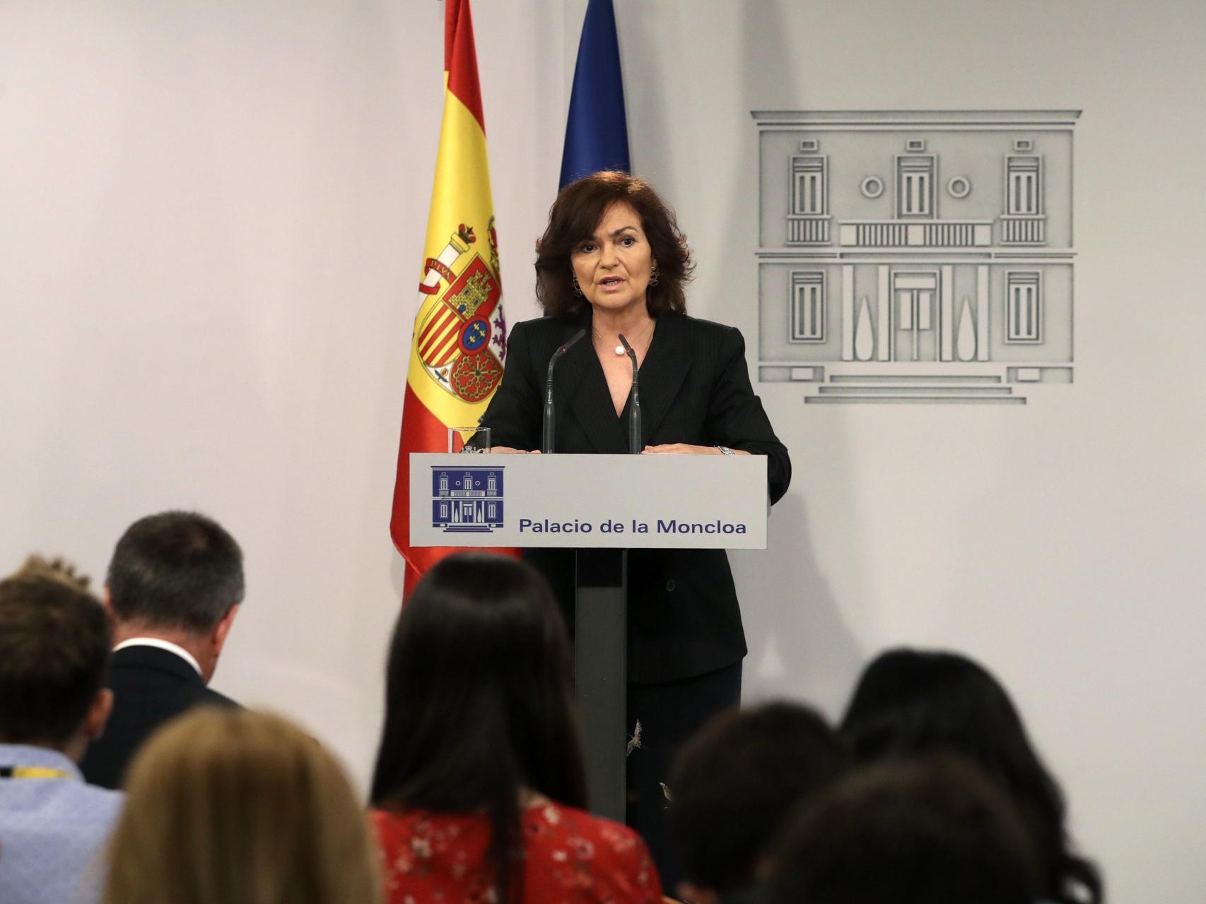 La vicepresidenta, Carmen Calvo, en una comparecencia ante la prensa este lunes.