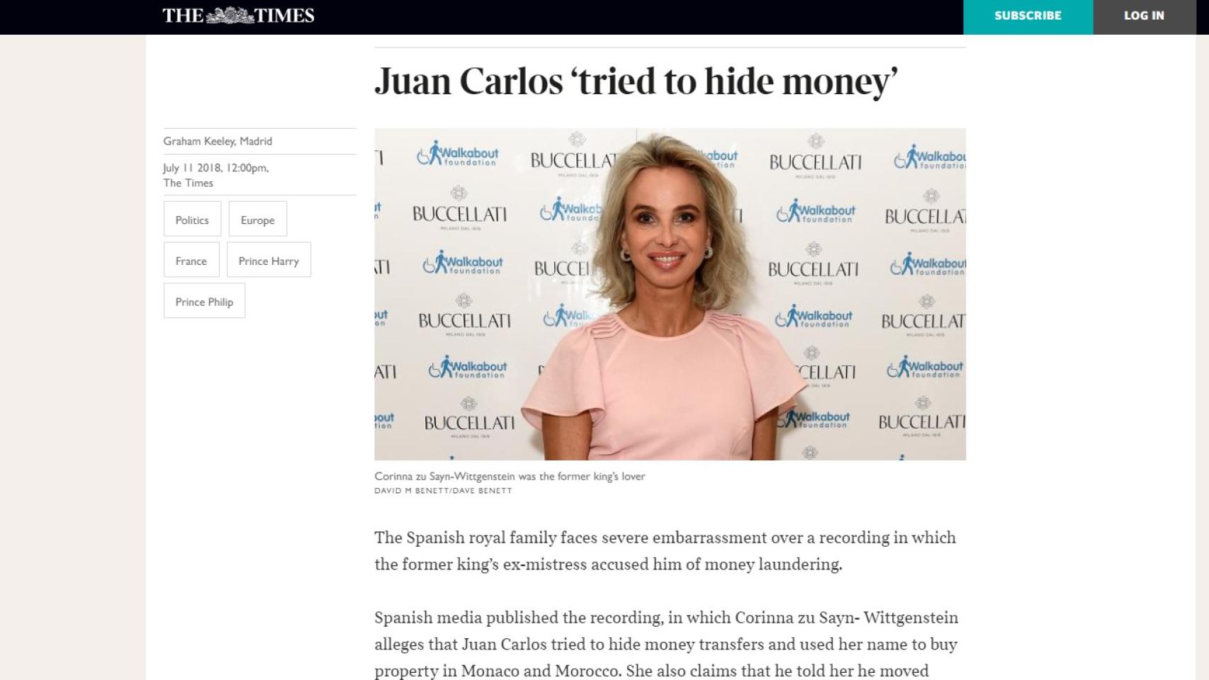 Captura de la noticia de 'The Times' que se ha hecho eco de las revelaciones de las cintas de Corinna.