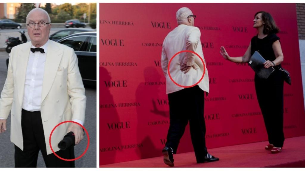 Manolo Blahnik en dos momentos: sujetando la faja y llegando al photocall.