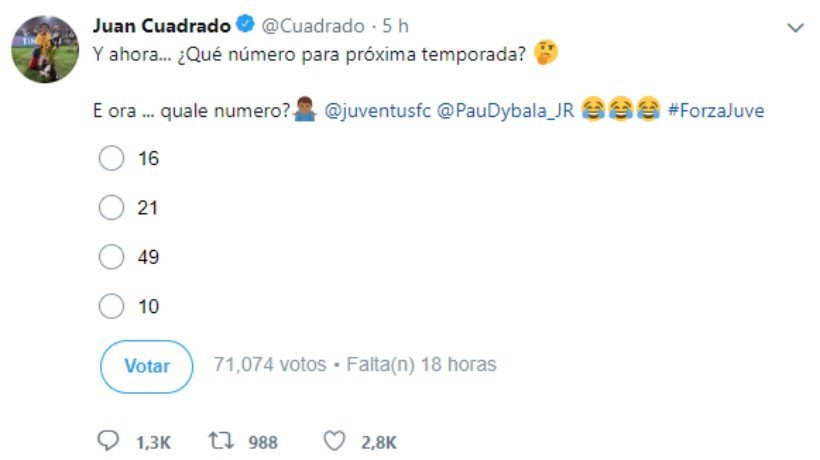 Cuadrado busca dorsal en Twitter.