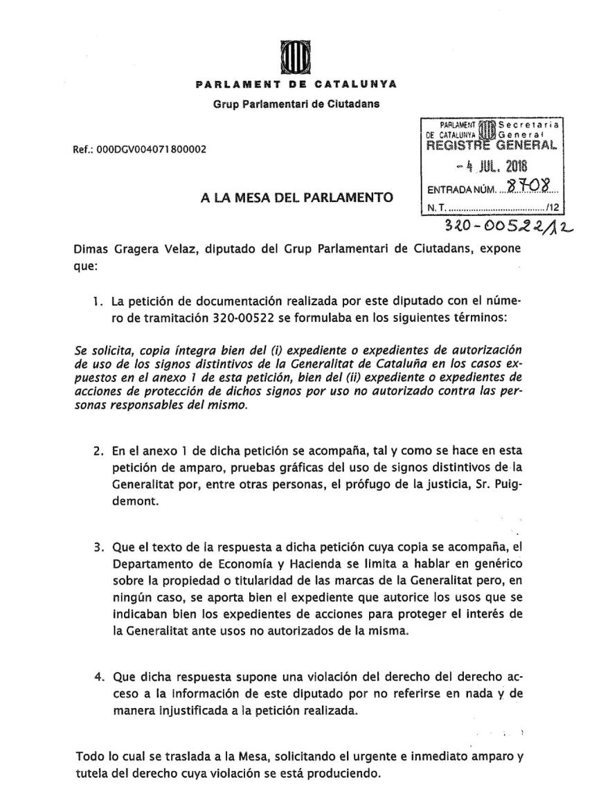 Solicitud de amparo presentada por Ciudadanos frente a la Mesa del Parlamento tras la respuesta esquiva del consejero de Economía.