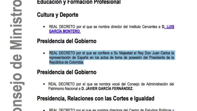 Imagen del pdf de la referencia del Consejo de Ministros en el que figura el encargo a Juan Carlos I.