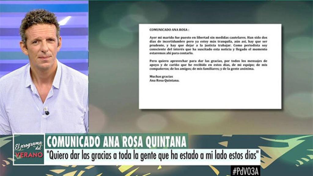 'El Programa de Verano' lee un comunicado de Ana Rosa sobre la detención de su marido