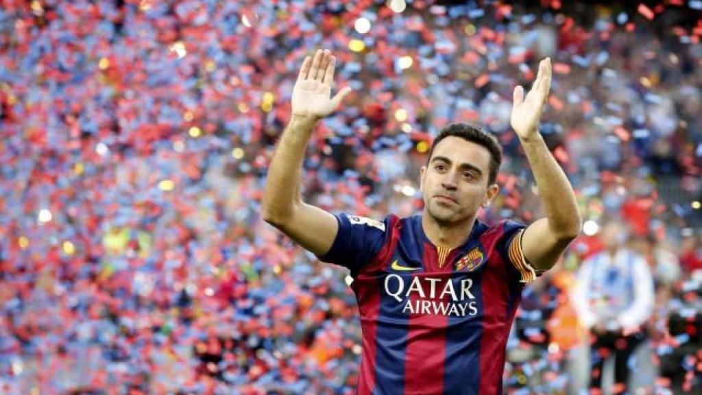 Xavi durante un homenaje con el Barça