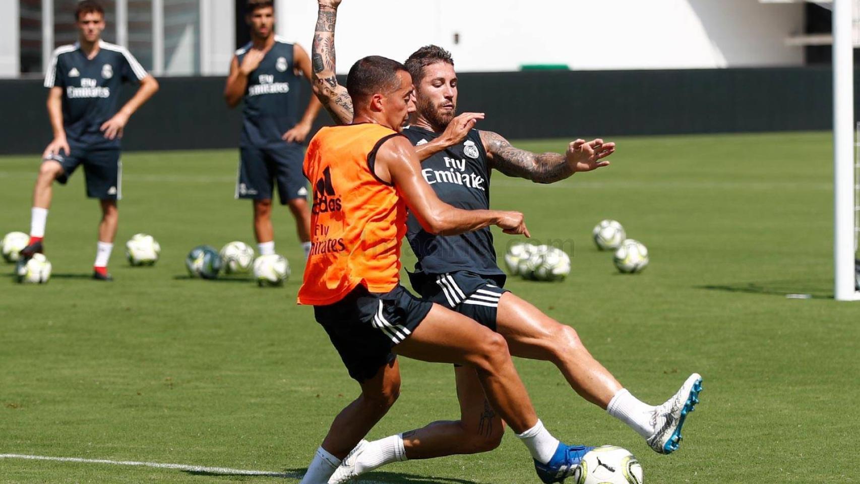 Lucas Vázquez y Sergio Ramos entrenando en el Audi Field. Foto: realmadrid.com