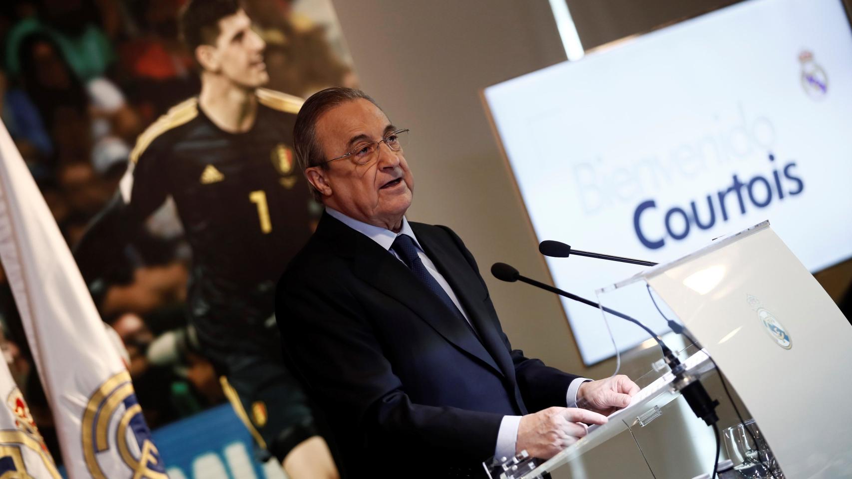 Florentino Pérez, durante la presentación de Thibaut Courtois con el Real Madrid