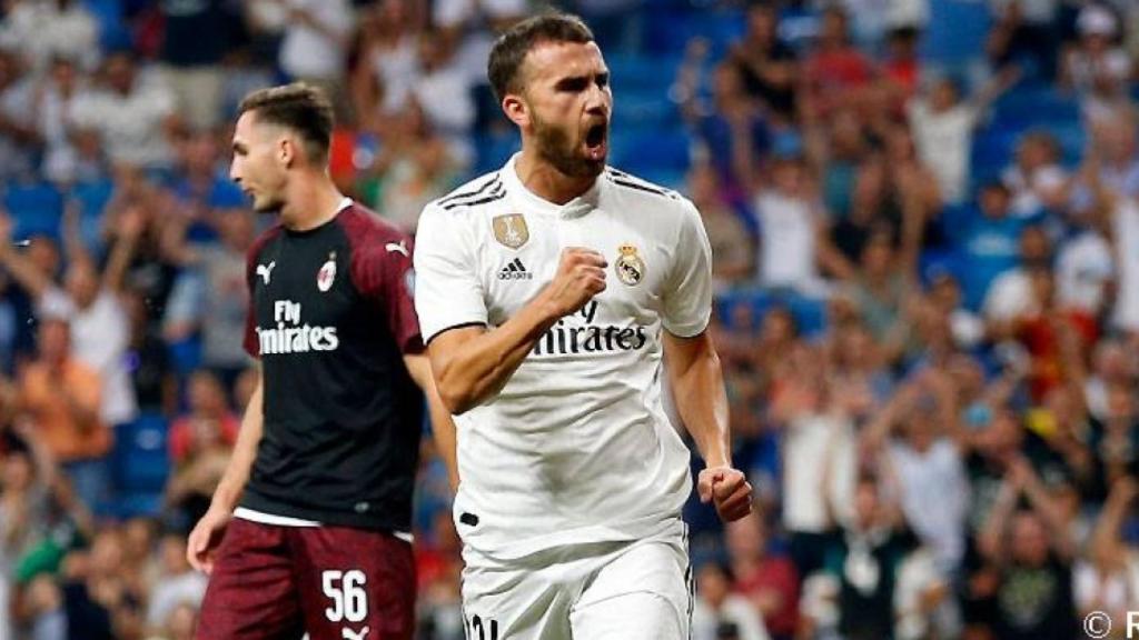 Mayoral celebra su gol ante el Milan. Foto: realmadrid.com