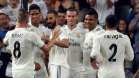 El Real Madrid celebra un gol ante el Milan