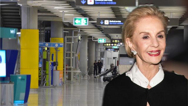 Carolina Herrera frente al aeropuerto de Barajas en un fotomontaje de Jaleos.