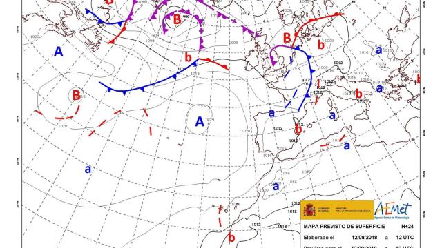 Mapa de isobaras del tiempo este lunes en España.