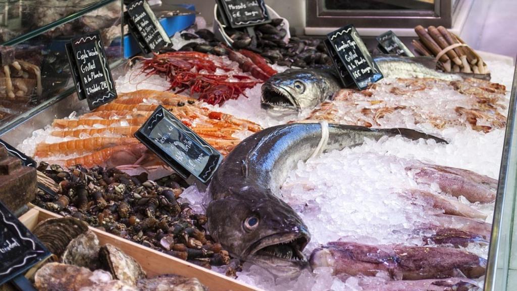 Un montón de pescados expuestos en una pescadería.