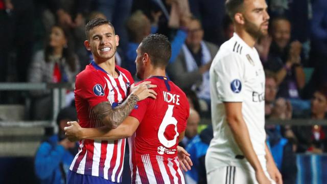 Mayoral, mientras Lucas Hernández y Koke celebran