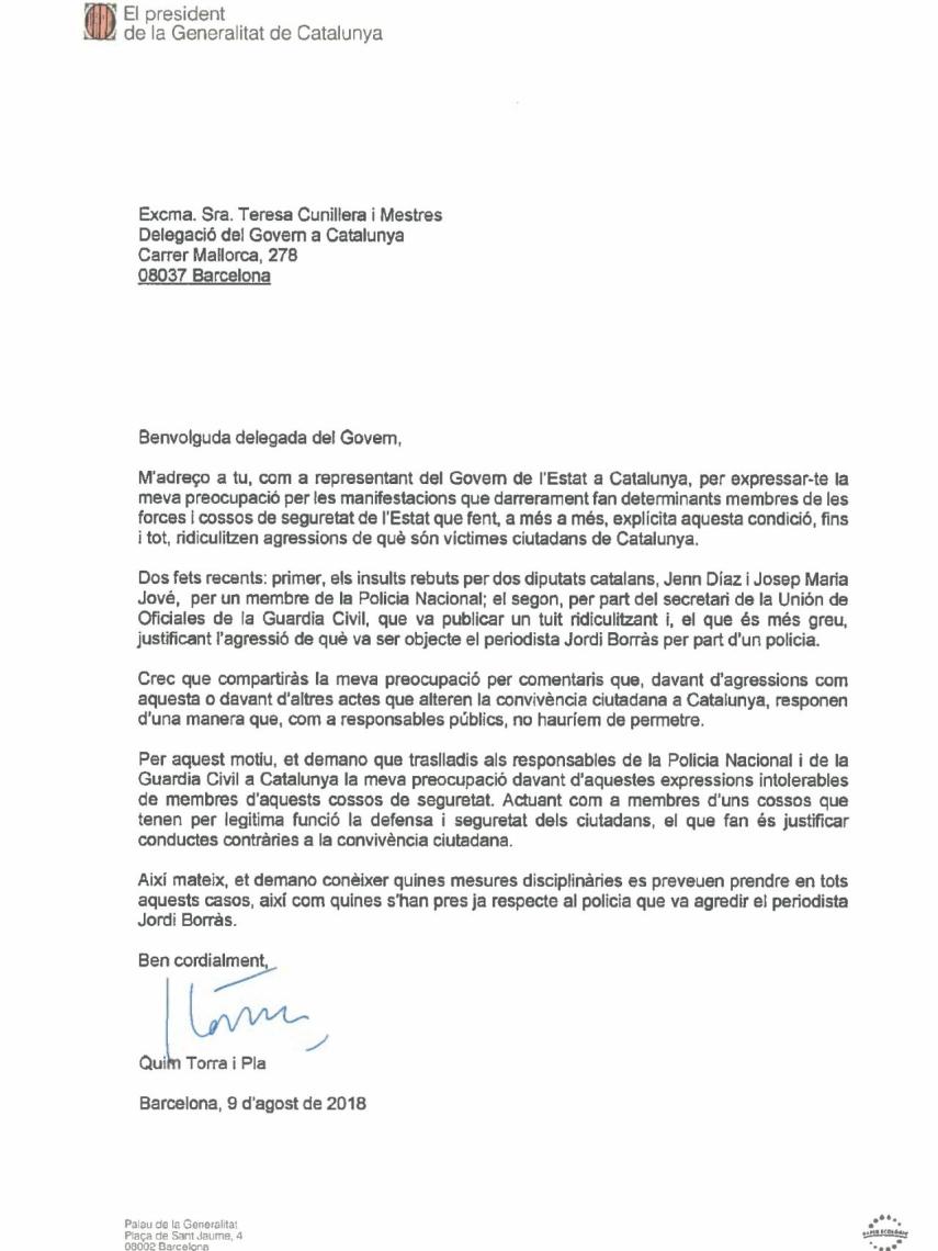 Carta enviada por Quim Torra a la delegada del Gobierno el 9 de agosto.