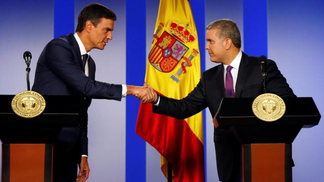 Pedro Sánchez, en su comparecencia en Bogotá con Iván Duque, presidente de Colombia.