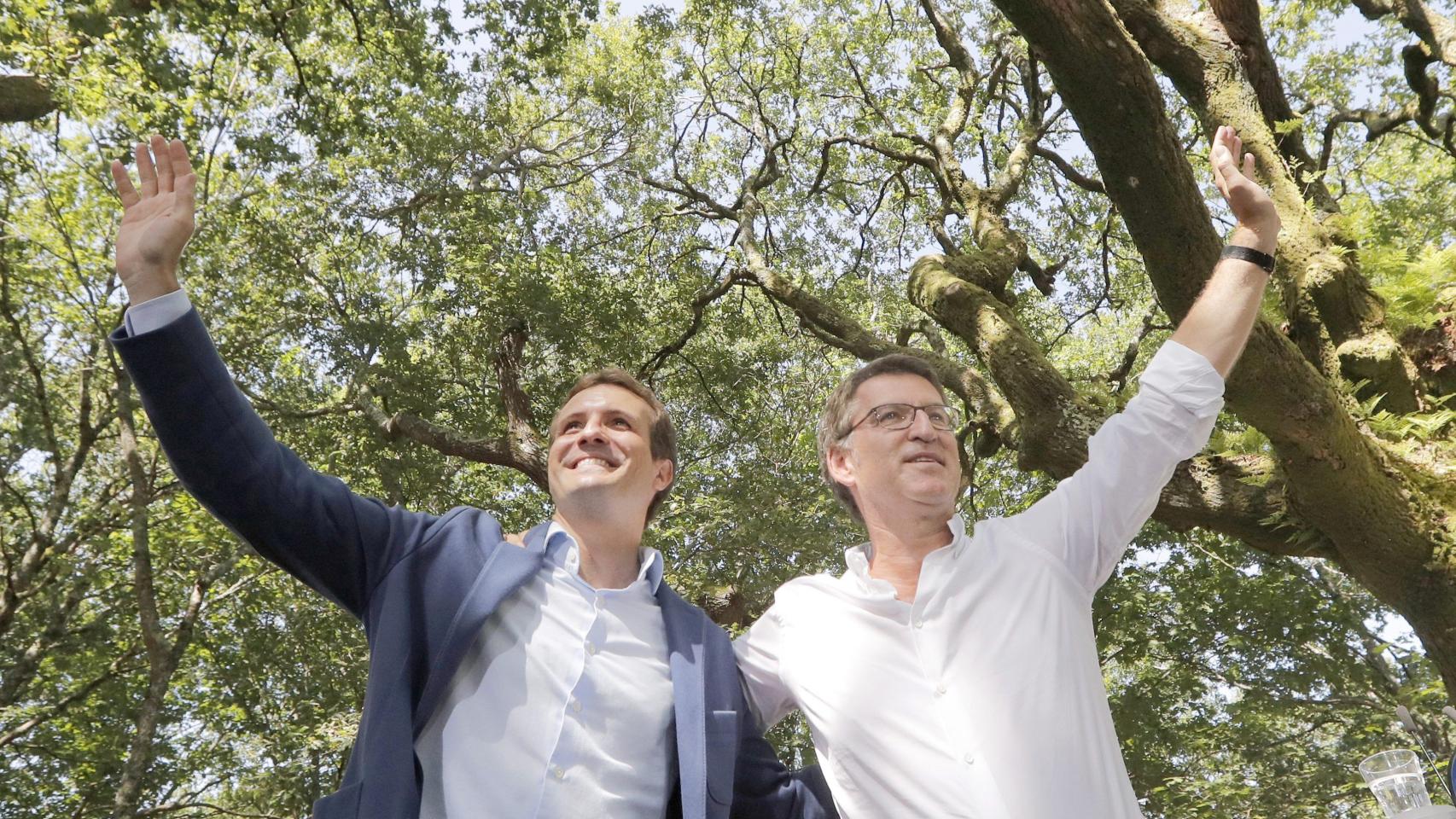 Pablo Casado y  Alberto Núñez Feijoo saludan al comienzo del acto celebrado en la Carballeira de San Xusto (Pontevedra).