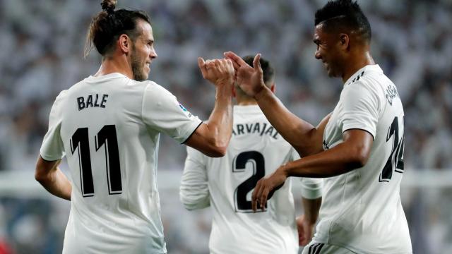 Asensio, Mariano y Marcelo celebran un gol en el Santiago Bernabéu