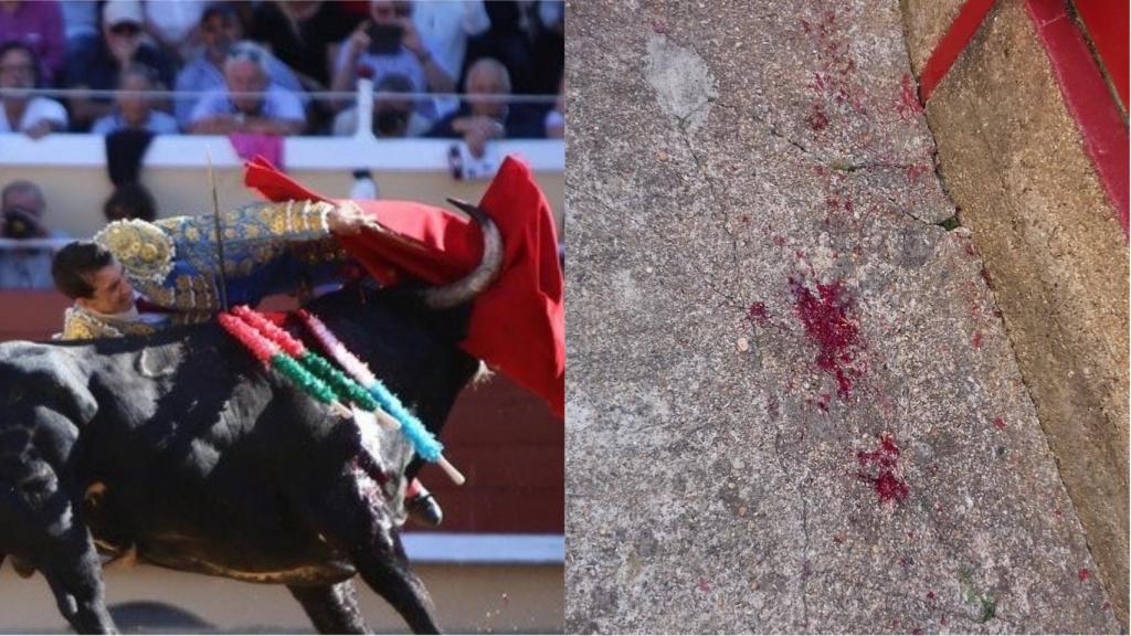 Instante en el que se produce la cornada y el reguero de sangre que dejó en el callejón