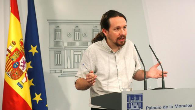 El secretario general de Podemos, Pablo Iglesias, durante la rueda de prensa en el Palacio de la Moncloa.