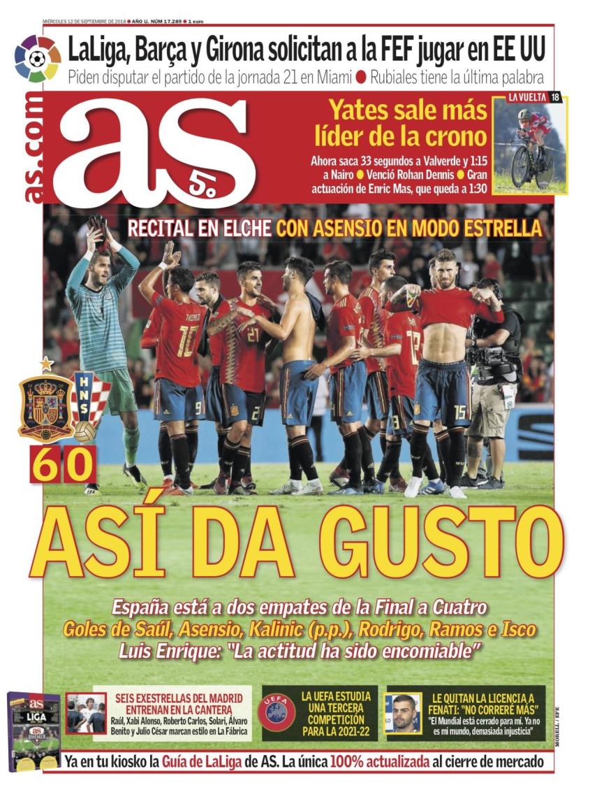 La portada del diario AS (12/09/2018)