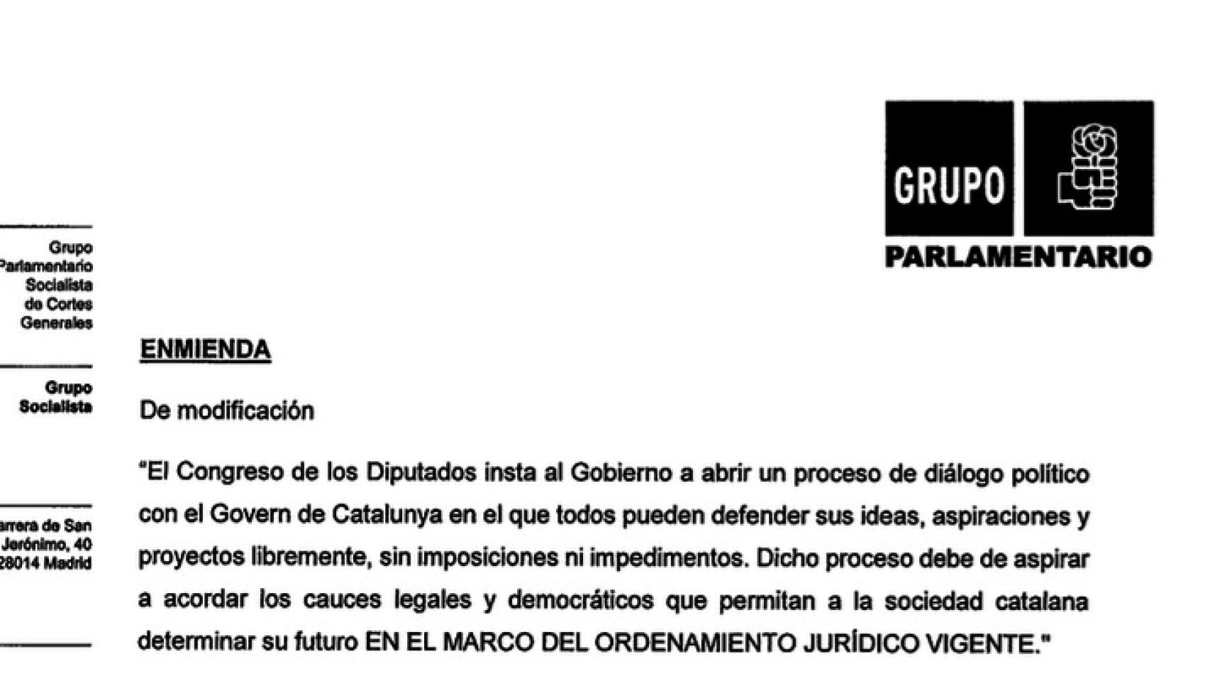 La moción, tal y como ha sido enmendada por el PSOE, que el Congreso aprueba este miércoles.