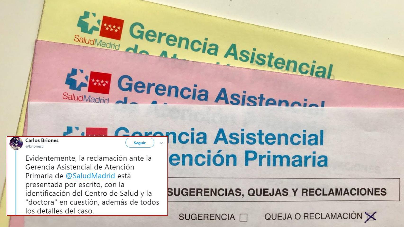 La reclamación interpuesta por Briones ante la Gerencia de Atención Primaria de Madrid.