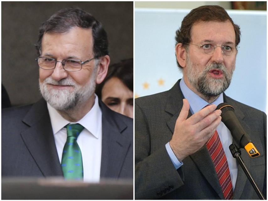 A la izquierda, Mariano Rajoy el día de la moción de censura. A la derecha, el gallego en un mitin de 2006 antes de ser presidente.